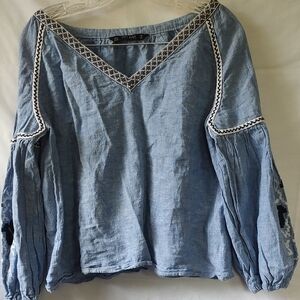 Zara Blue Embroidered Women's Top Linen Cotton Size Medium